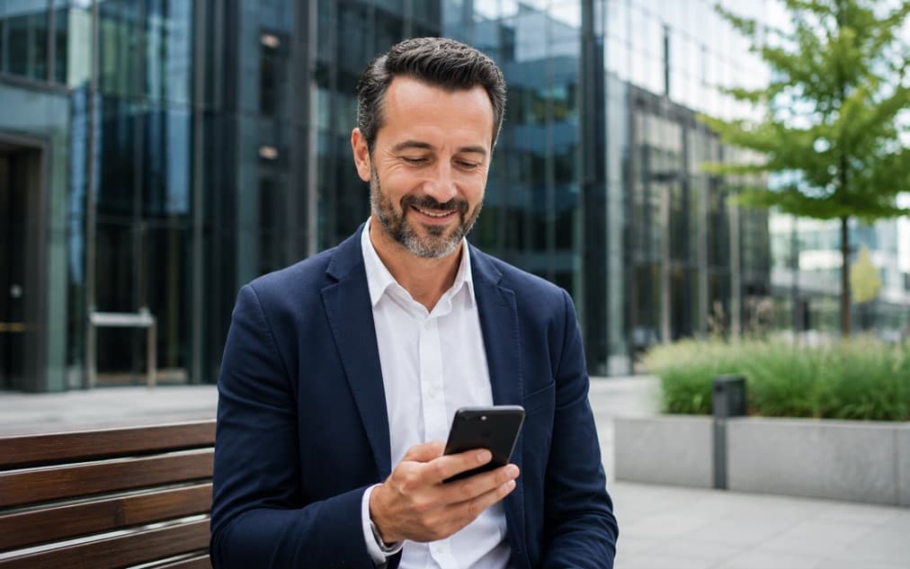 A man reading a Nevlin lesson on his phone while walking outside